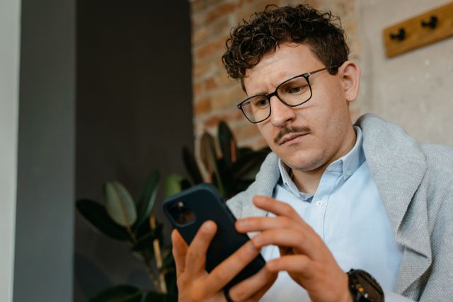 Man kijkt moeilijk naar zijn telefoon terwijl hij nadenkt over het eerste bericht aan zijn ex.